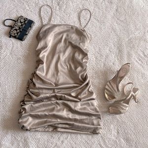 Shimmer silky ruched body con cocktail party dress